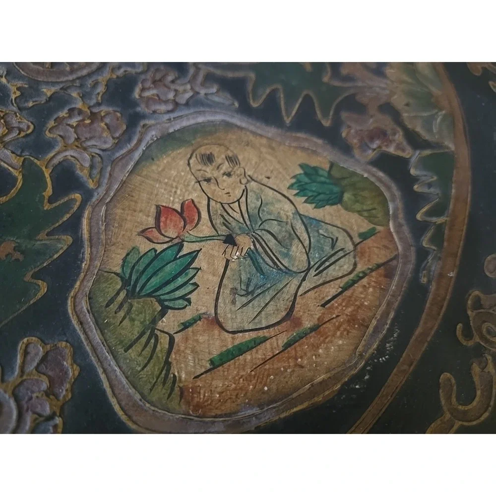 Antique Large Hexagonal Wooden Box Asian Hand Painted 6 Inside Compartments Rare
